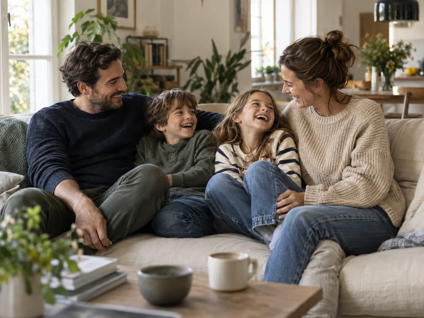Une famille partage un moment de joie sur le canapé à la maison
