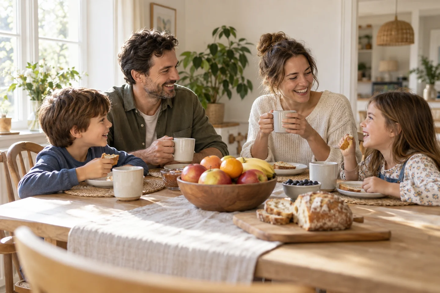 Parents et enfants réunis autour d’un petit-déjeuner, souriants